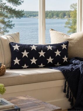 Stars & Stripes Knit Lumbar Throw Pillow Navy White Stars 24x12 Cotton